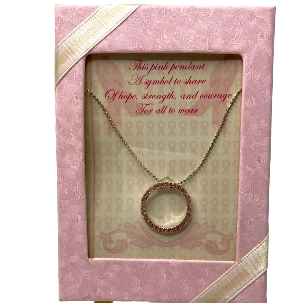 Light Pink Circle Breast Cancer Awareness Pendant Necklace Charm Silver Tone